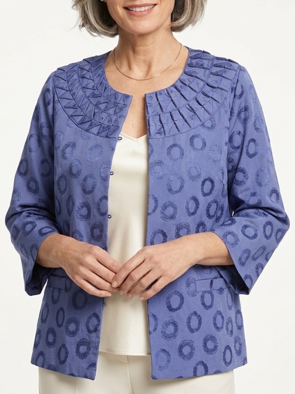 Chico’s Women’s Blue Textured Jacket Blazer Size 2 Open Front Circle Print